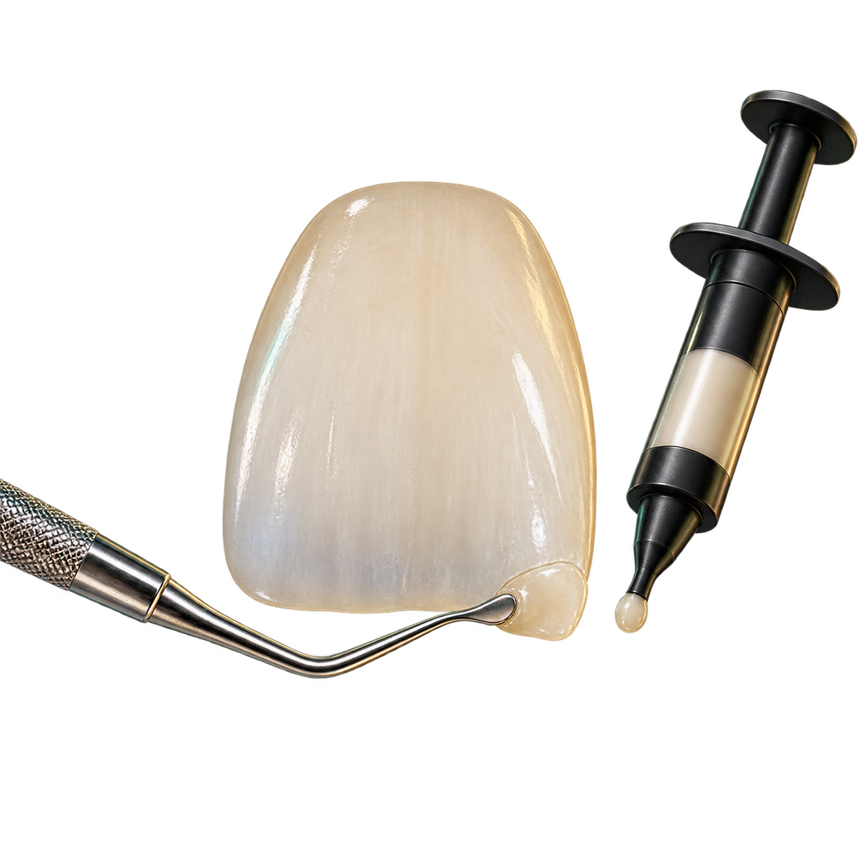 Illustration of tooth-coloured composite being shaped onto a front tooth