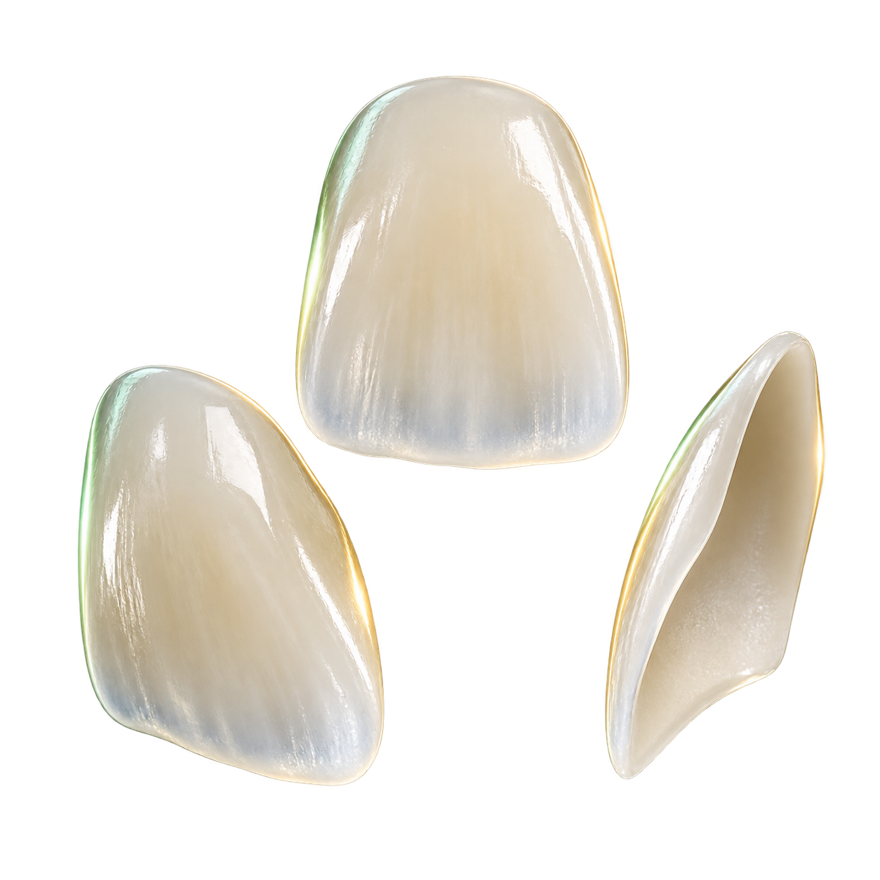 Illustration of three thin porcelain veneer shells